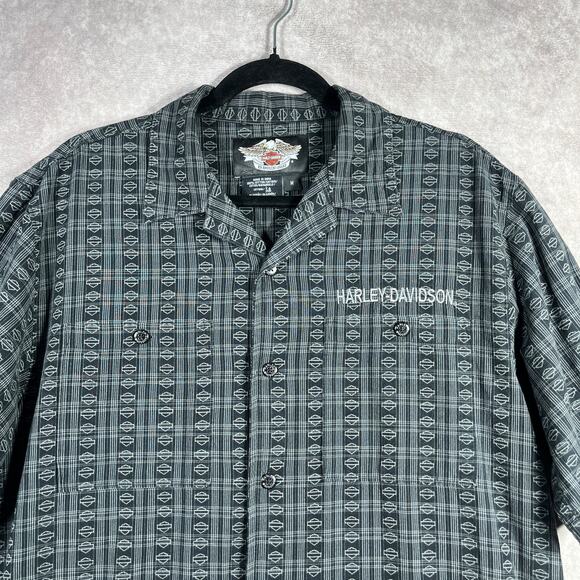 Harley Davidson Shirt Mens Medium Black Logo Button Up Short Sleeves Biker - Picture 2 of 9